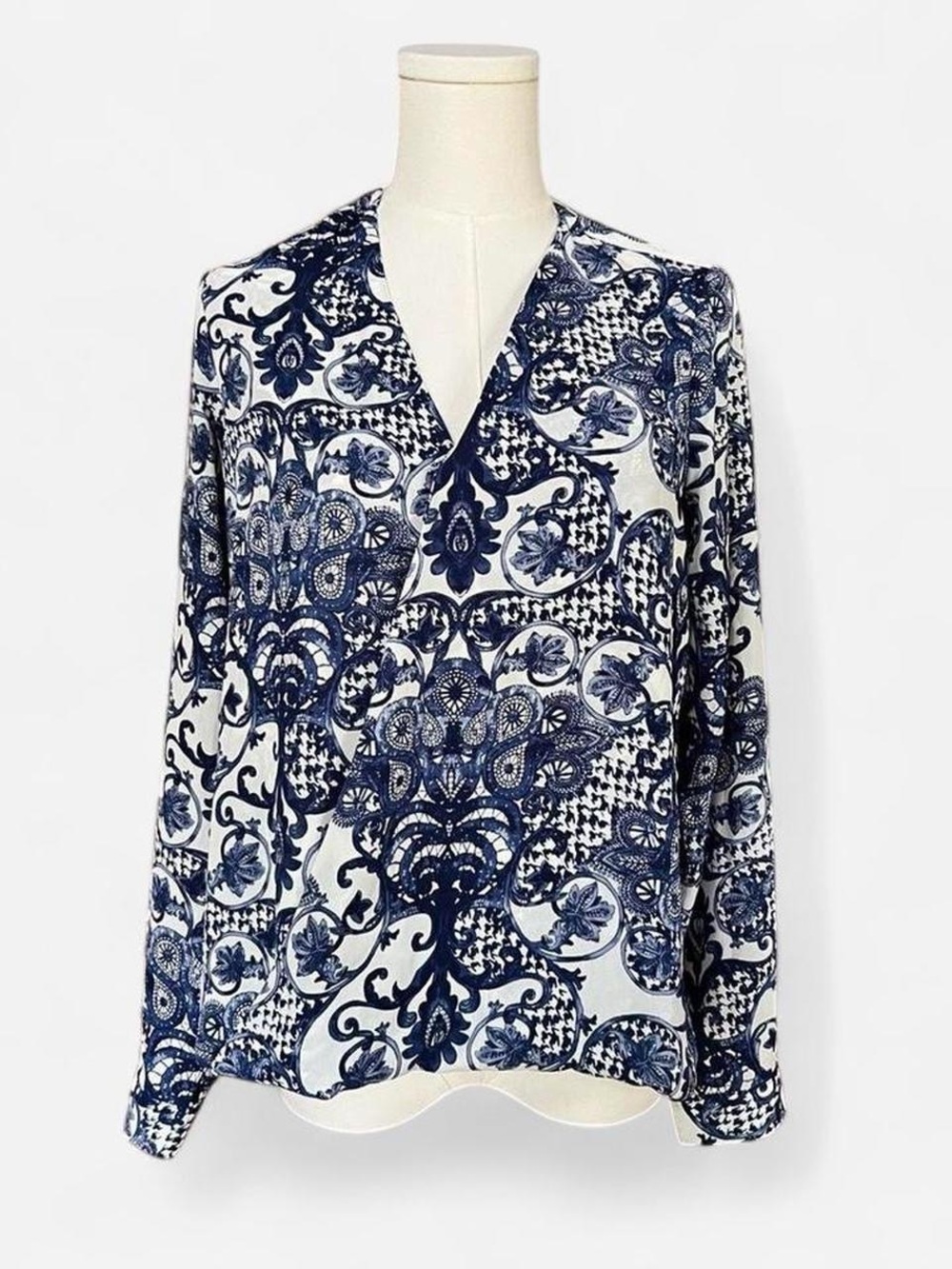Charming Charlie Navy and White Paisley  V-Neck Blouse with Button Closure